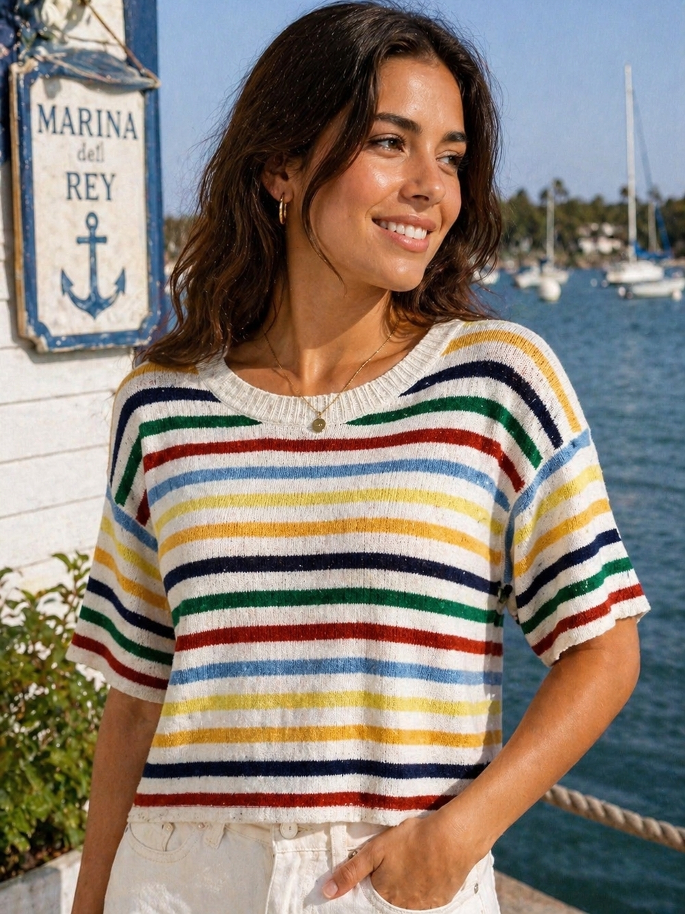 Striped Cropped Knit Sweater Top S Preppy Nautical Coastal Retro Y2K